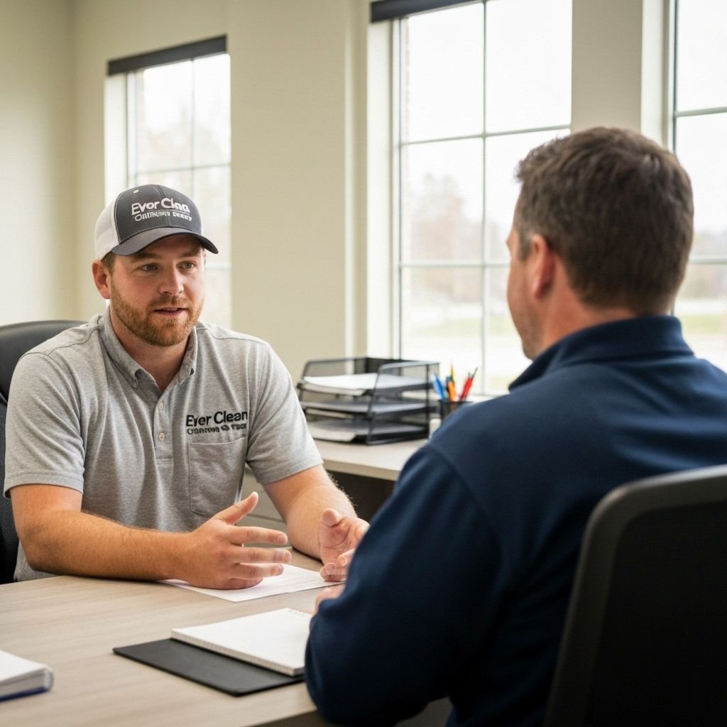 Silas Ward consulting with a client at Ever Clean Chimney Sweep office in Dallas
